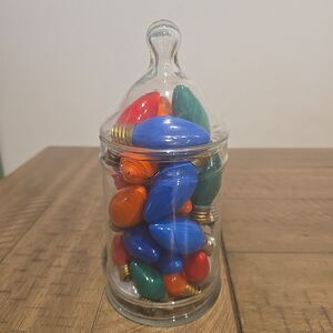 Vintage Christmas Bulbs in Apothocary Jar Red Orange Blue Green White Colorful